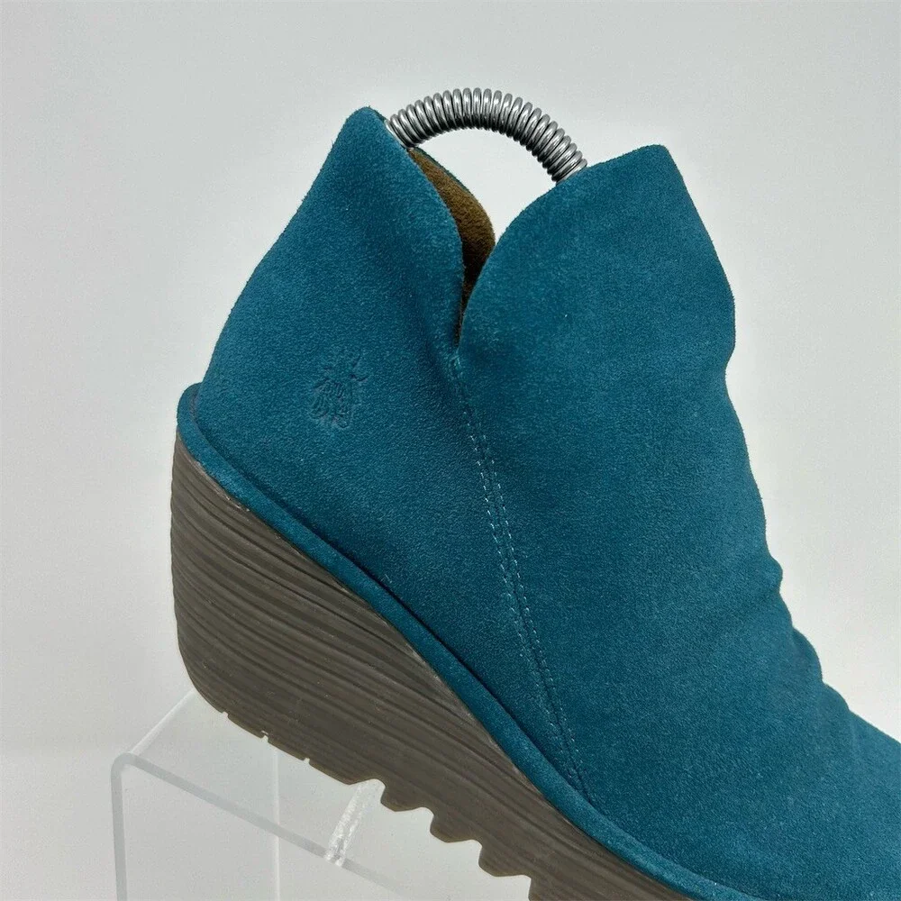Fly London Yip Womens Ankle Booties Teal Blue Wedge Side Zip Lug Sole Size 39 - Picture 2 of 13